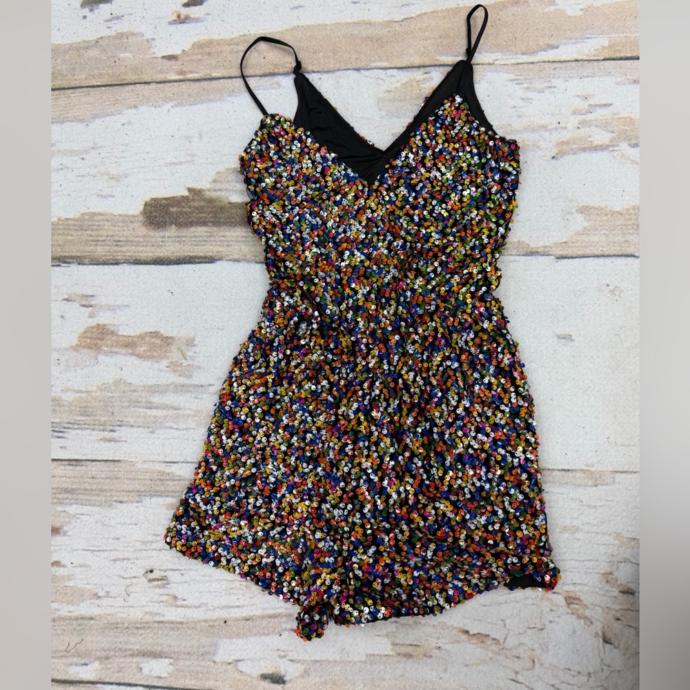 Guess Rico Sequin Romper XS Multicolor Rainbow Black Disco Festival Party Girl